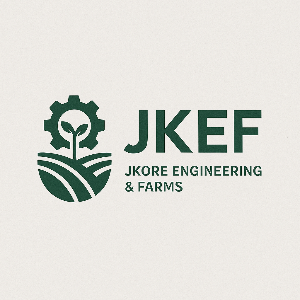 JKore Engineering & Farms (JKEF) official logo — a green gear encircling a plant sprout above curved land lines, with bold JKEF wordmark